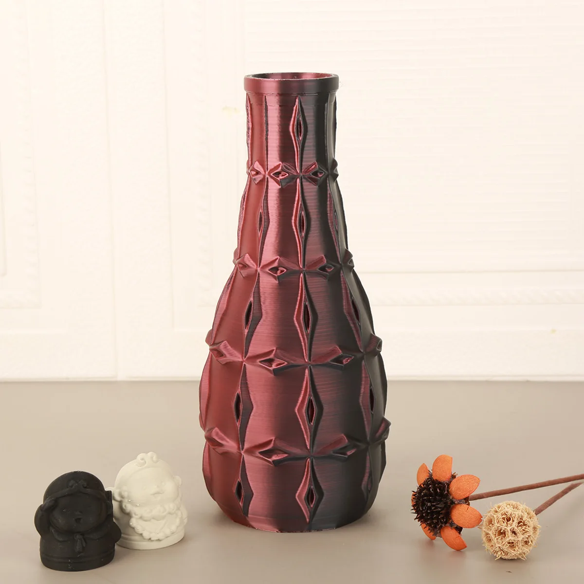 Cross-border Art Flower Vase, Vintage Rhombus 3D Embossed Slim Neck Vase, Mid-century Home Living Room Dried Fresh Flower Tablet