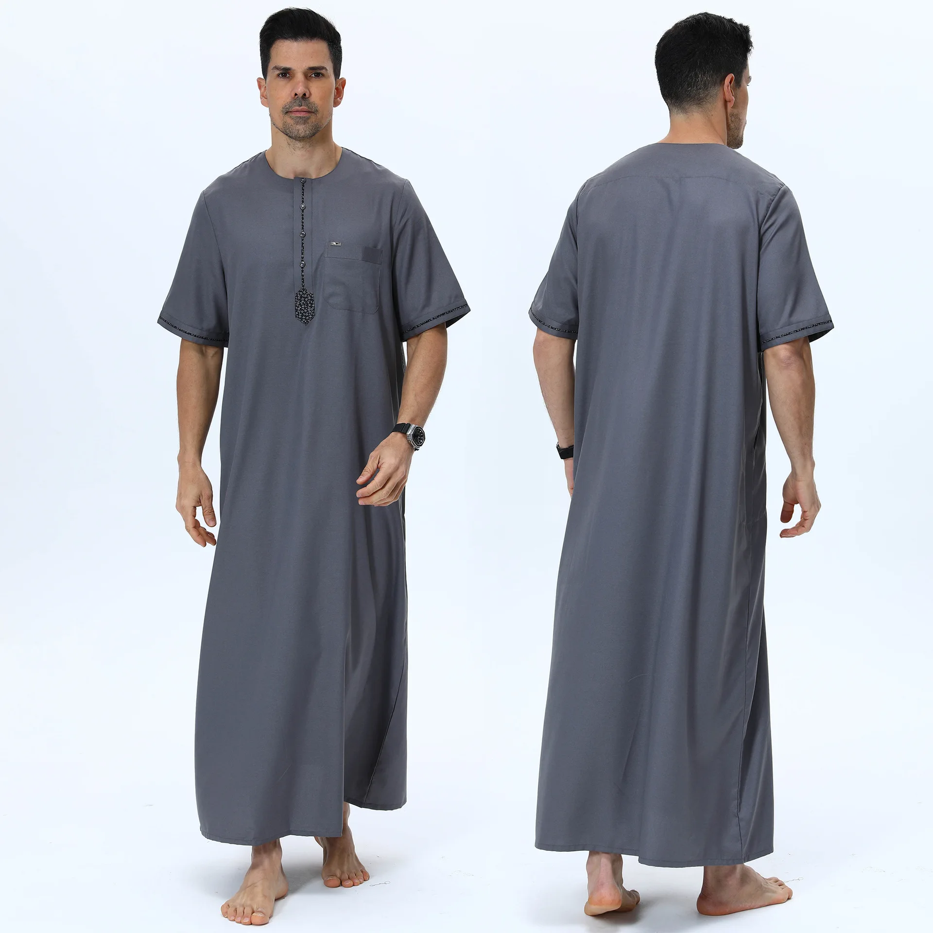 Muslim Men Button Robe Short Sleeve Jubba Thobe Eid Djellaba Turkey Kaftan for Man Abaya Daffah Dishdasha Loose Islam Clothing