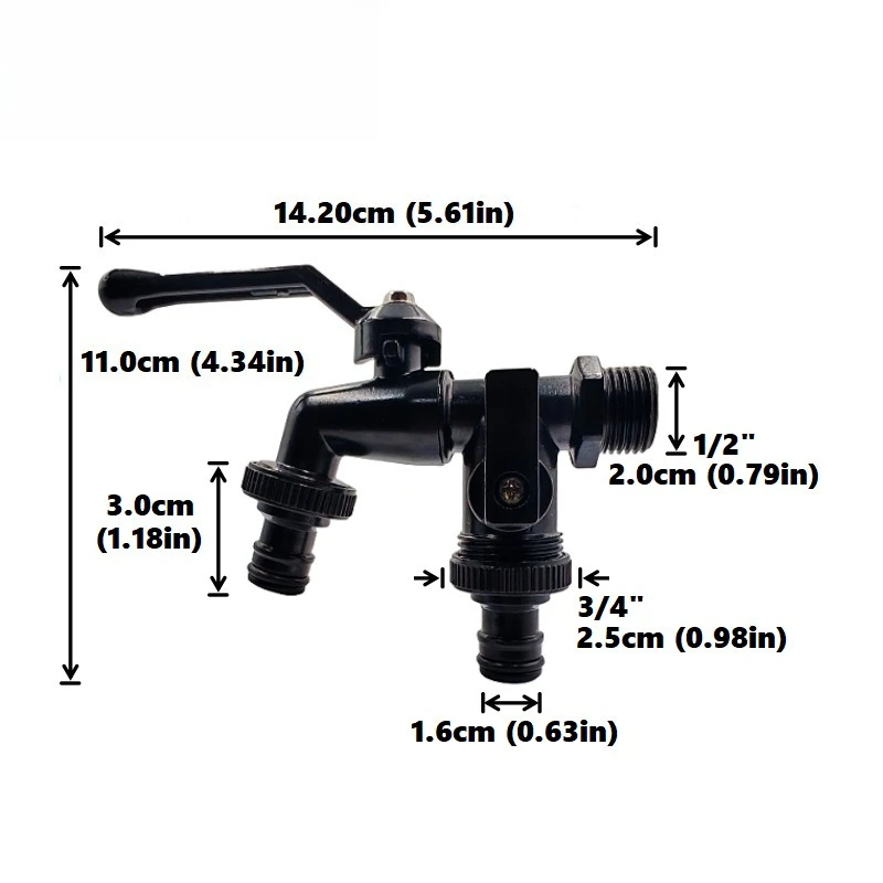 

DN15 1/2 Gardening Double Outlet Zinc Alloy Nozzle One Inlet Two Outlet Double Pacifier Alloy Faucet [All Black]