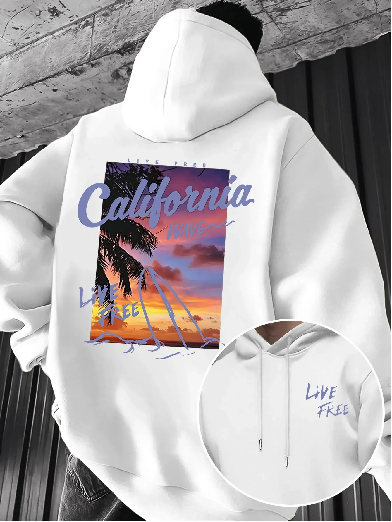 Men Retro California LIVE FREE Slogan Sunset Surfboard Double Sided Hoodie Coastal Holiday Aesthetic Streetwear Sweatshirt