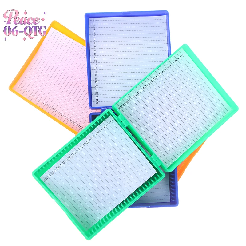 

Новый 4-цветный пластиковый стеклянный предмет для микроскопа, 25 шт., чехол для хранения биологических ломтиков, держатель для подготовленных предметных стекол микроскопа