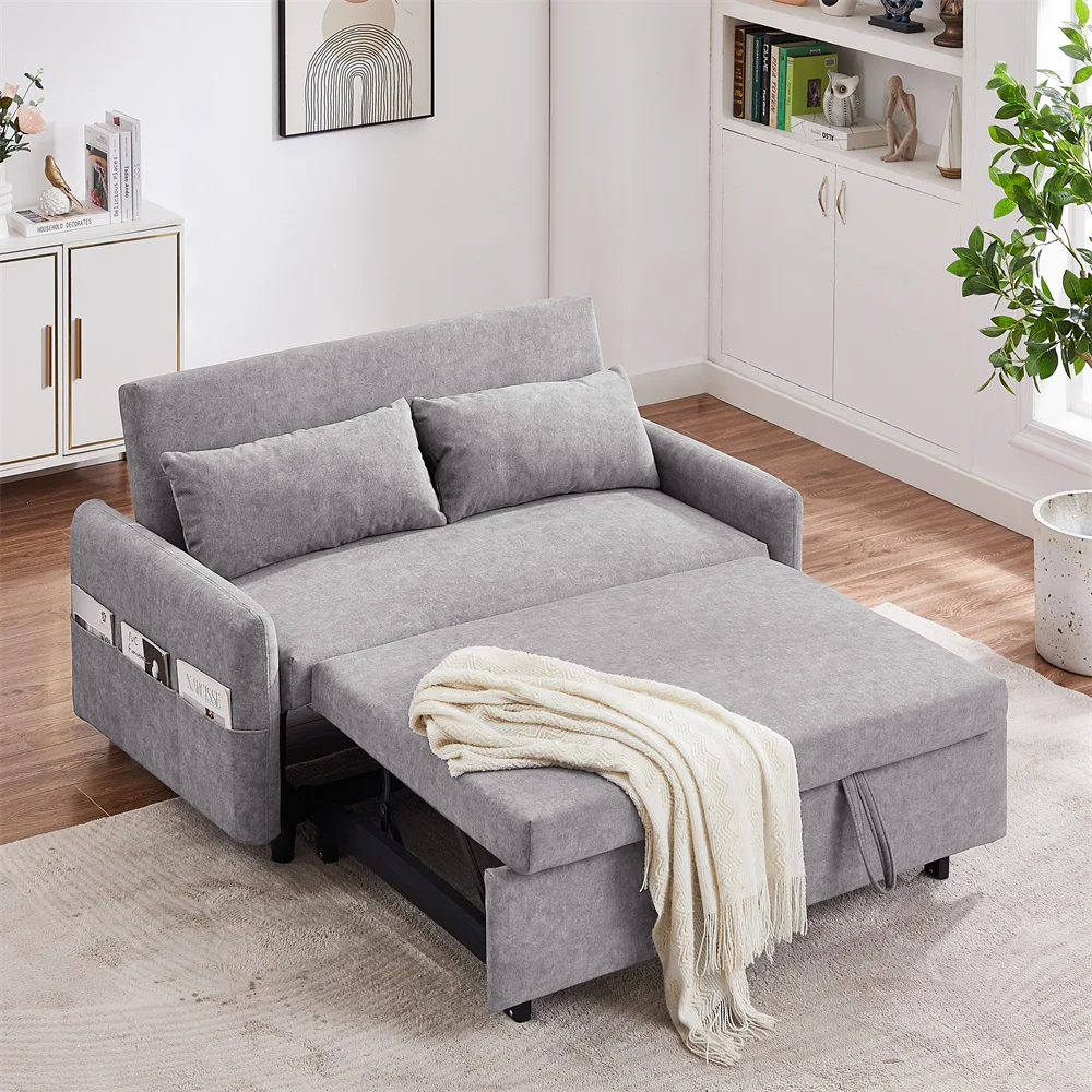 Foldable gray microfiber fabric pull-out sofa bed