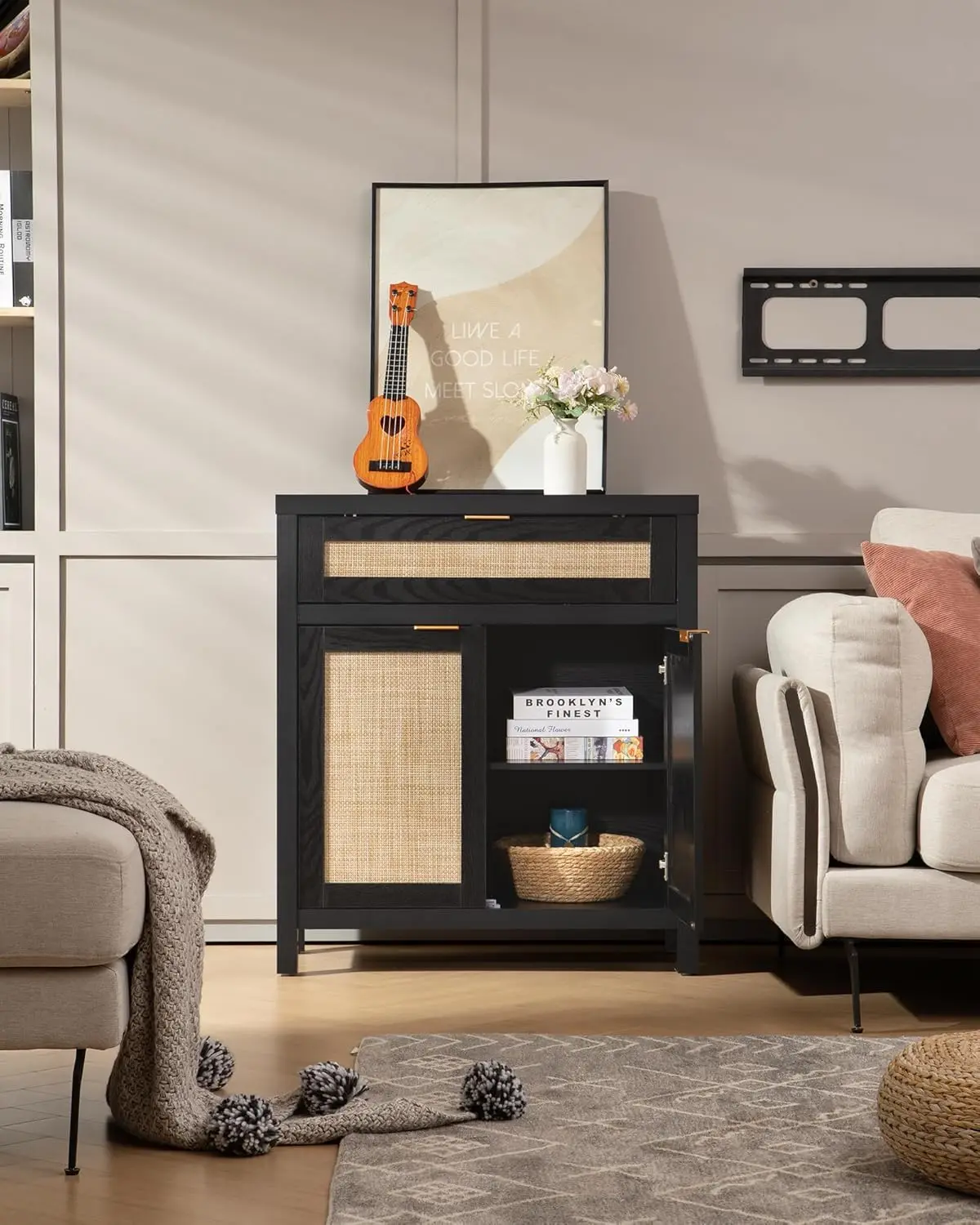 Sicotas Sideboard Buffet Storage Cabinet Set Of 3, Rattan Credenza Buffet Table, Modern Console Accent Cabinet With Doors And