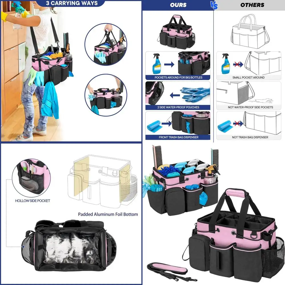 

Portable Housekeeping Cleaning Caddy with Detachable Divider, Organizer Bag with Handle & Shoulder Strap, Pink