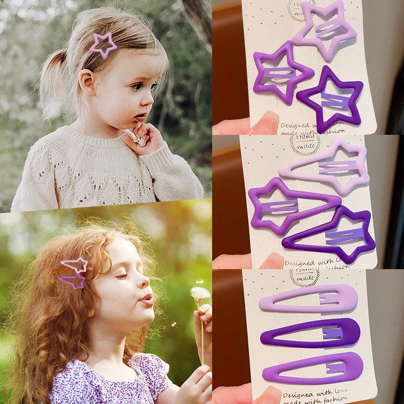 2023 New 3 Pcs/Set Children Cute Purple Pink Geometric Stars Heart Hair Clips Baby Girls Sweet Hairpins Kids Hair Accessories