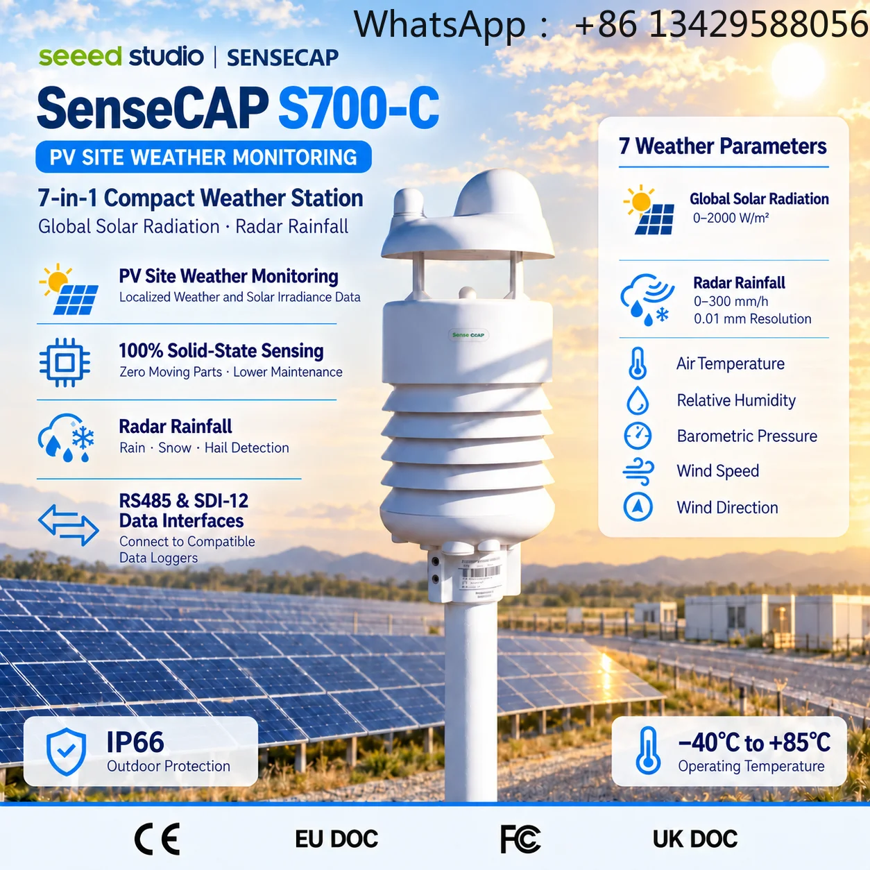 SenseCAP S700-C 7-in-1 IP66 Compact Ultrasonic Weather Station with Solar Radiation Pyranometer and Radar Rainfall for PV Plant