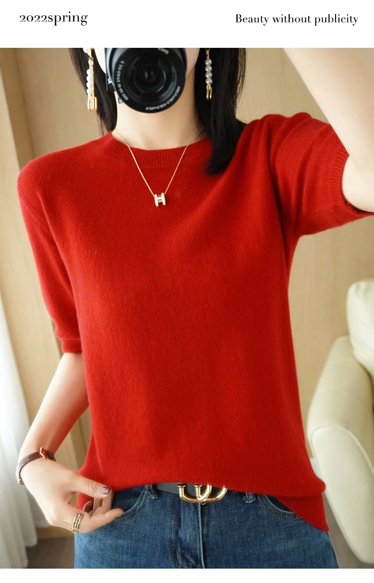 Spring 2022 New Women's O-Neck Short-Sleeved Exquisite Cashmere Sweater Pullover