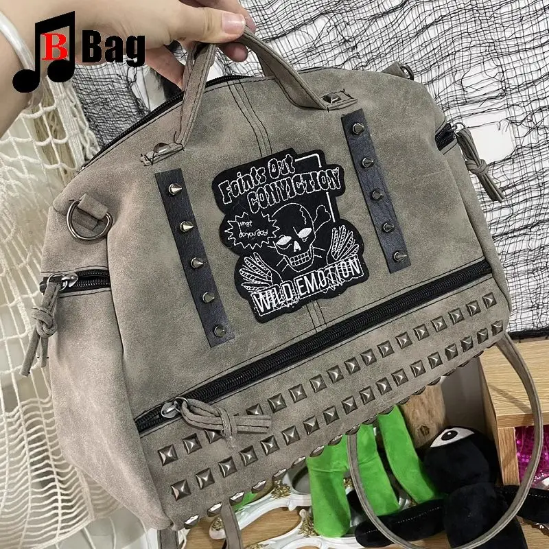 Y2k Girl Vintage Harajuku Punk Gothic Skeleton Rivet Womens Versatile Fashion Backpack Casual Large capacity Two Shoulders bag