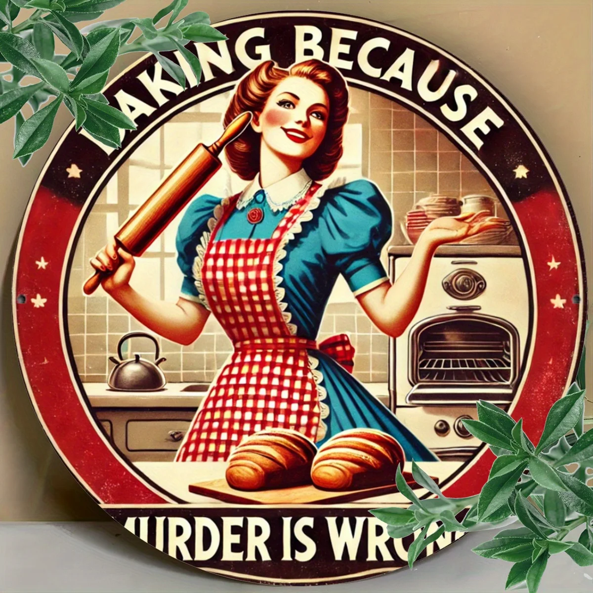Vintage Lady Baking Aluminiumschild – „Because Murder is Wrong“ Lustiges Zitat, rustikale Wandkunst, ideal für Bars, Geschäfte, Heim- und Bürodekoration