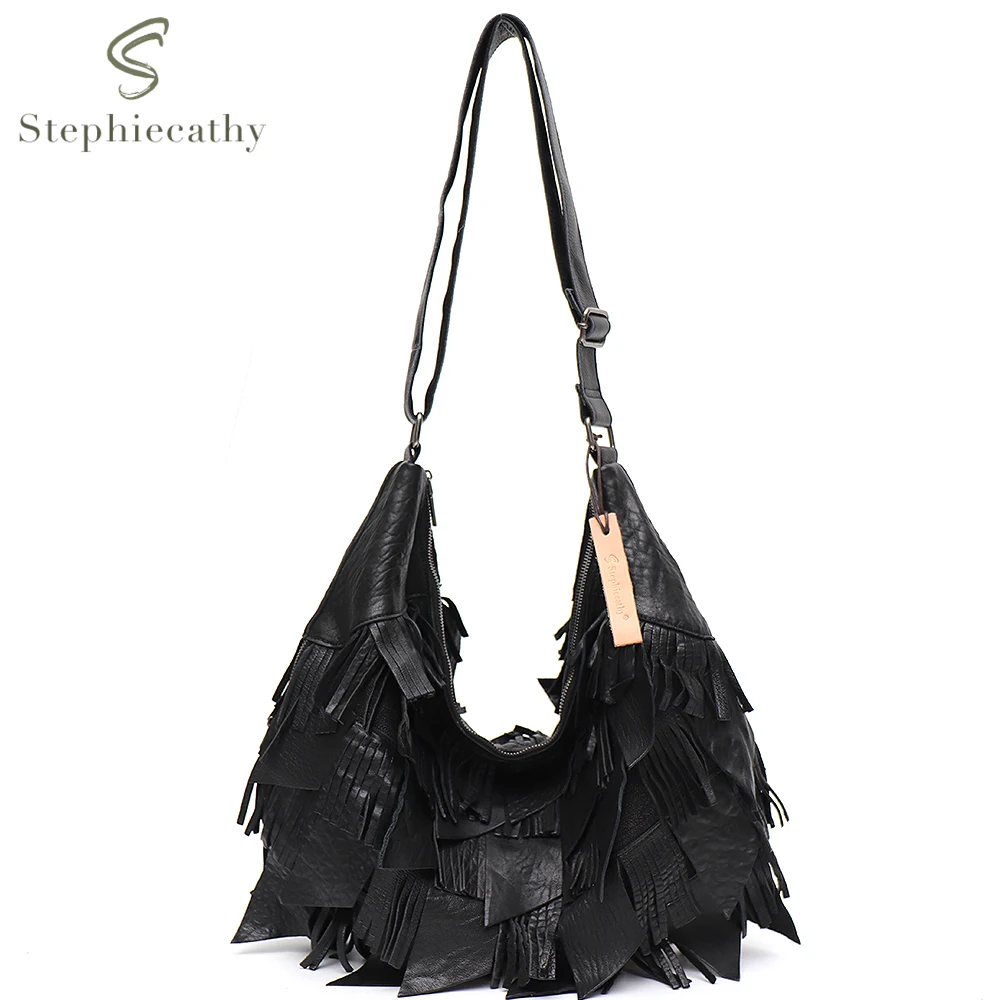 SC Women Natural Cow Skin Hobo Handbags Boho Style Retro Tassel Purses Genuine Leather Patchwork Large Shoulder Crossbody Bags