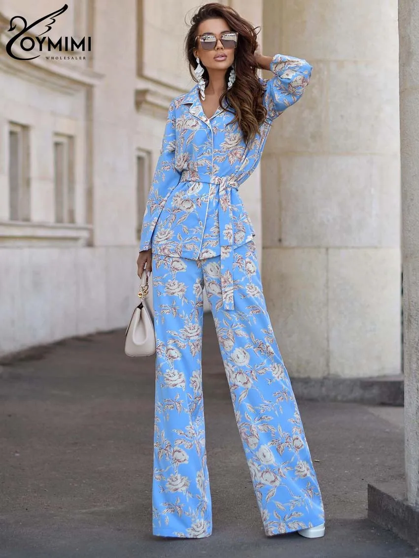 

Oymimi Fashion Blue Print Women 2 Piece Set Outfit Elegant Lace-Up Long Sleeve Button Shirts And Straight Full Length Pants Sets