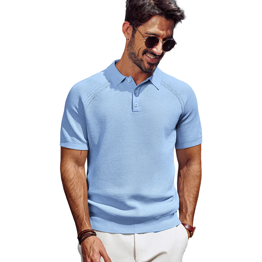 

PJ Men Textured Knitted T Shirt Short Sleeve Lapel Collar Button Up Neck Tops High Stretch