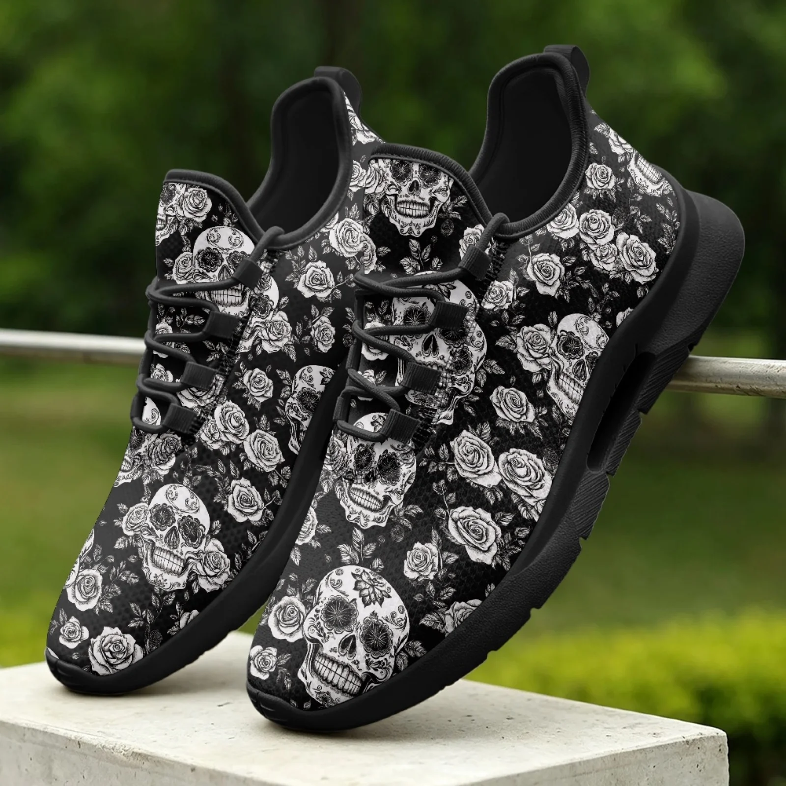 PENSTROLL Mesh & EVA Versatile Men's Low-Top Lace-Up Skate Shoes Lightweight Walking Shoes for Men for Adult Gym Skull Rose