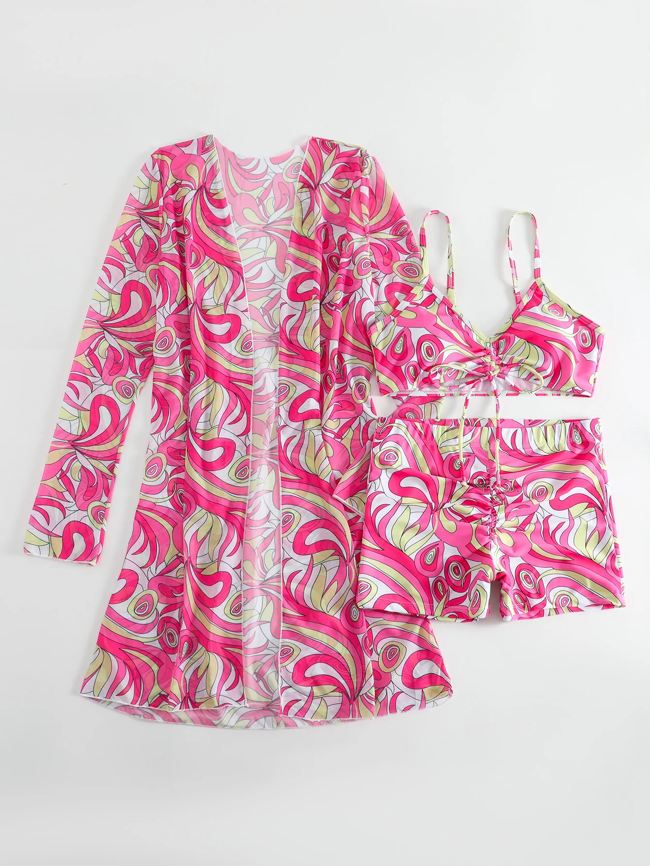 ชุดว่ายน้ำวินเทจเอวสูงลายพิมพ์ 3 ชิ้น พร้อมเสื้อคลุมตาข่ายแขนยาว บิกินี่แบบดันทรง ชุดชายหาดสำหรับผู้หญิง