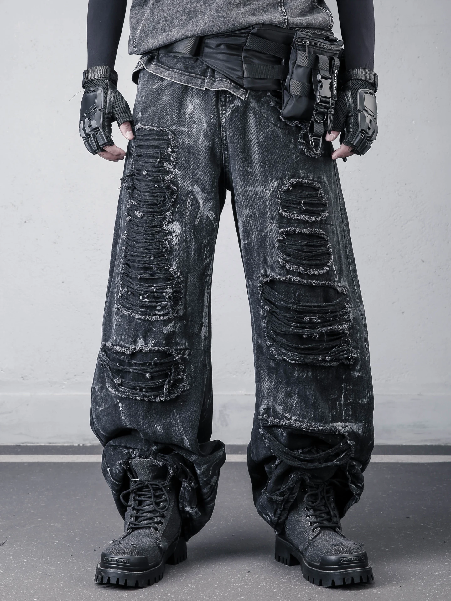 American Washed Vintage Knife  Jeans Men's Loose Wide Leg Long Pants Destructed Painted Hole Spring Summer Casual Jeans