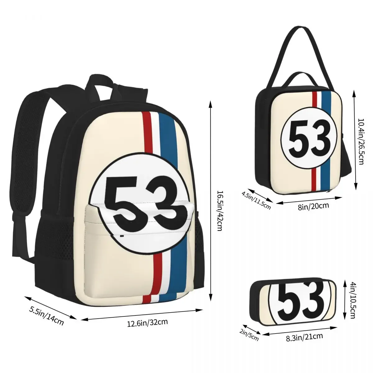 Herbie Number 53 Backpacks Boys Girls Bookbag Children School Bags Cartoon Kids Rucksack Lunch Bag Pen Bag Three-Piece Set