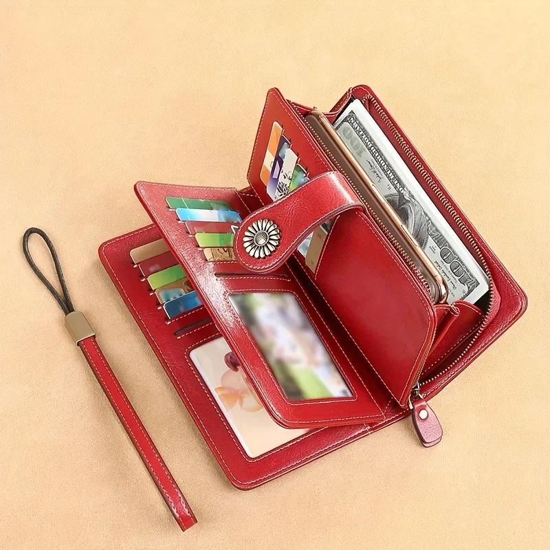 Carteira longa elegante feminina com alça de pulso removível, couro esculpido oco, porta-cartões de bloqueio multifuncional, lar