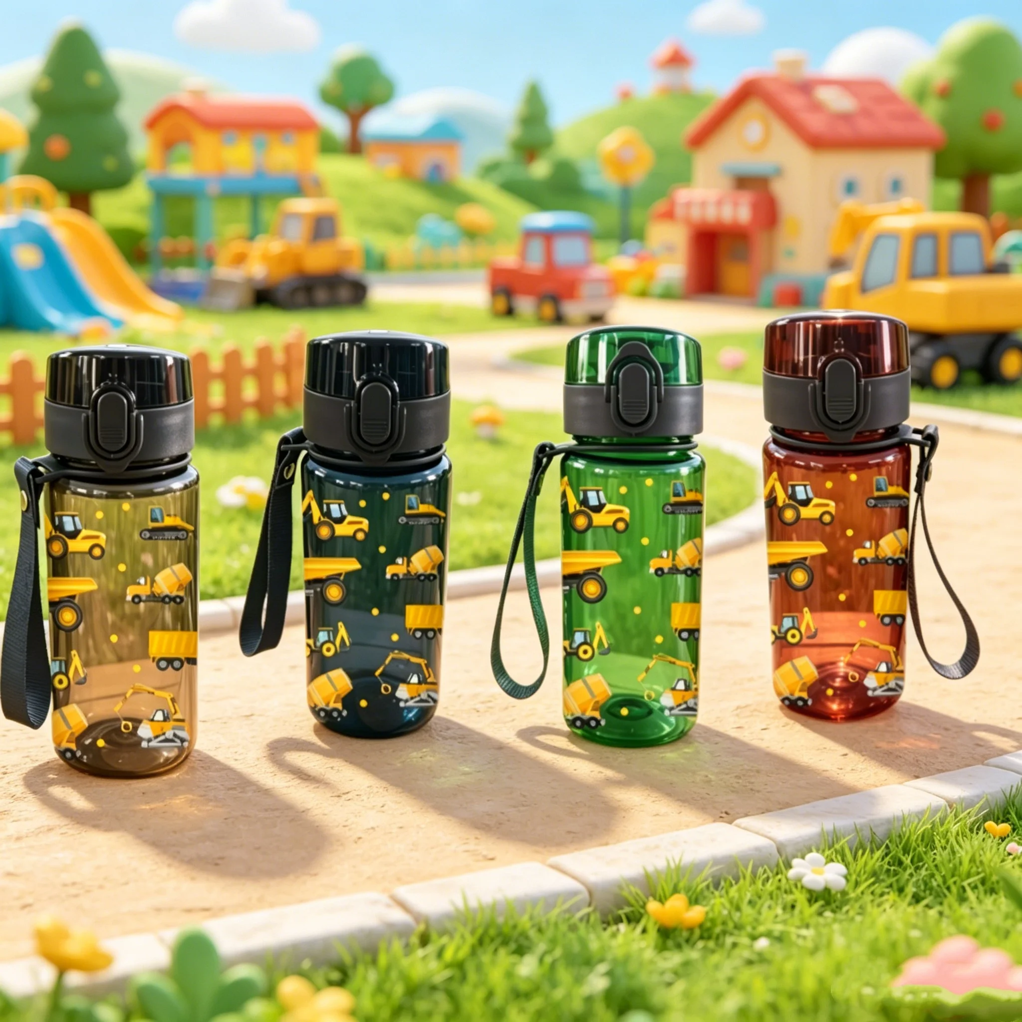 Clear Water Bottle with Cute Cartoon Cars, Excavators & Construction Vehicle Prints,Cute Premium Eye-catching Design,Reusable