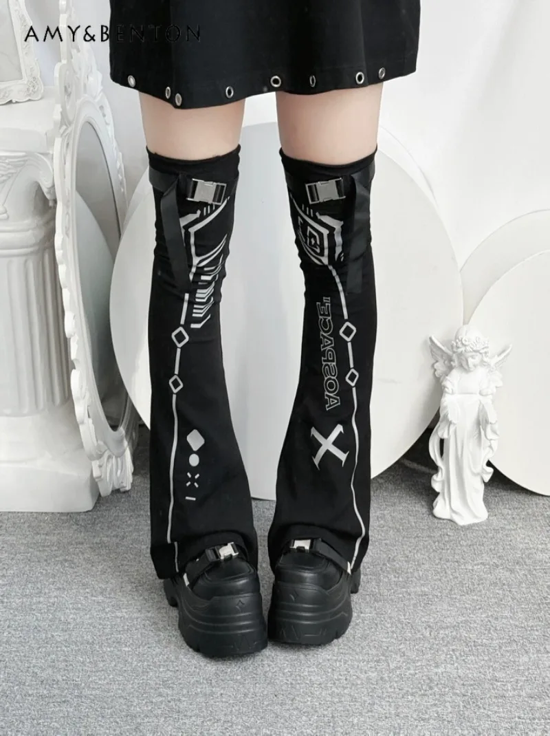 Japanese Harajuku Style Gothic Print Button Dark Subculture Leg Warmers Street Punk Slim Over-the-Knee Socks Versatile Y2K Socks