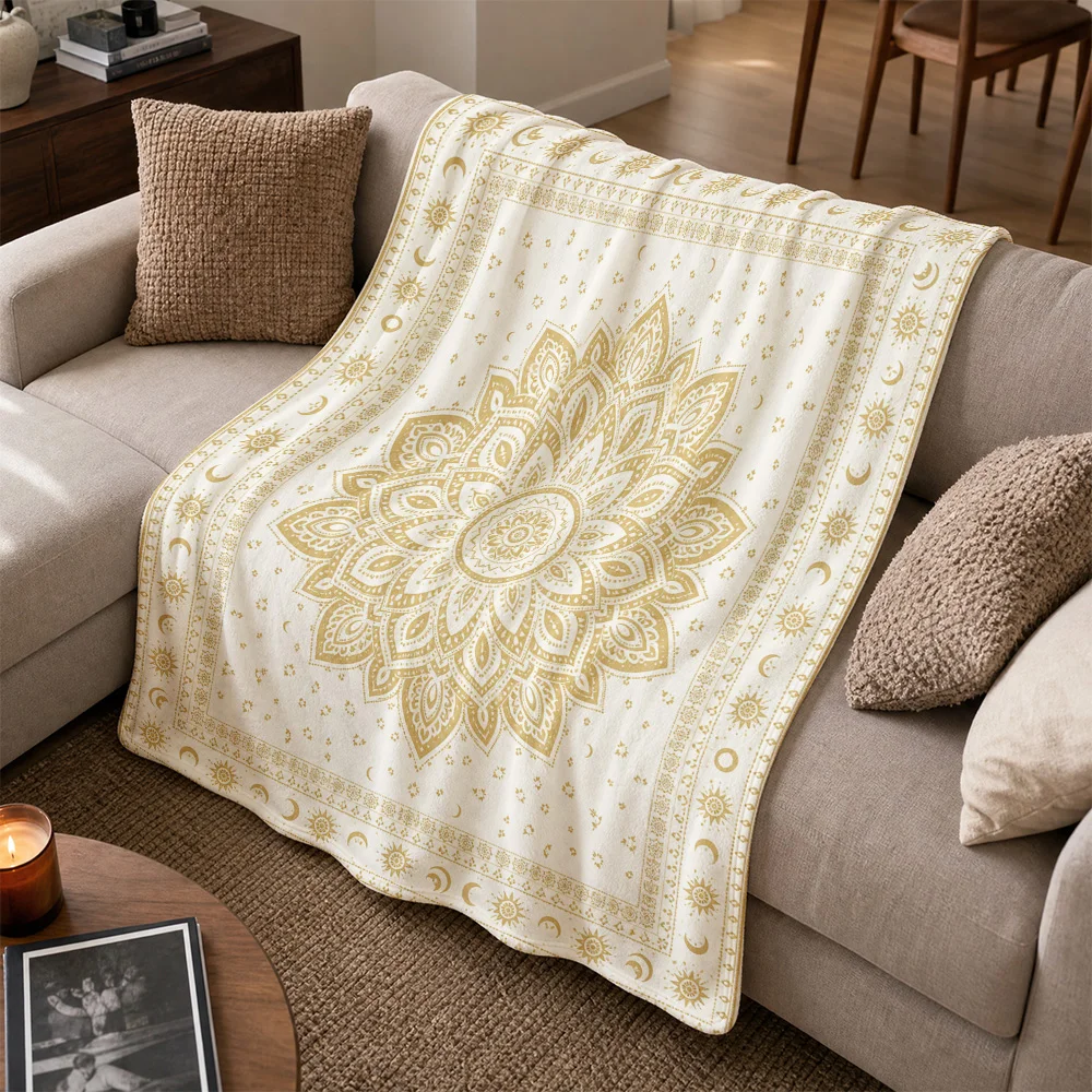 Luxurious Mandala Throw Blanket for Sofa Couch Boho Home Decor Moroccan Ethnic Tapestry Cover Beige Gold Living Room Accent Thro