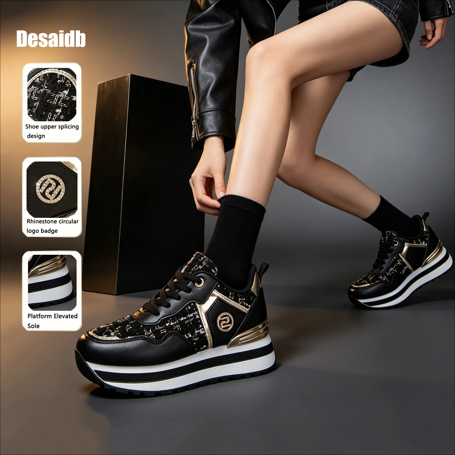 Desaidb Women's Spliced Upper Casual Sneakers, Rhinestone Letter Fashion White Shoes, Trendy Platform Thick Sole Shoes