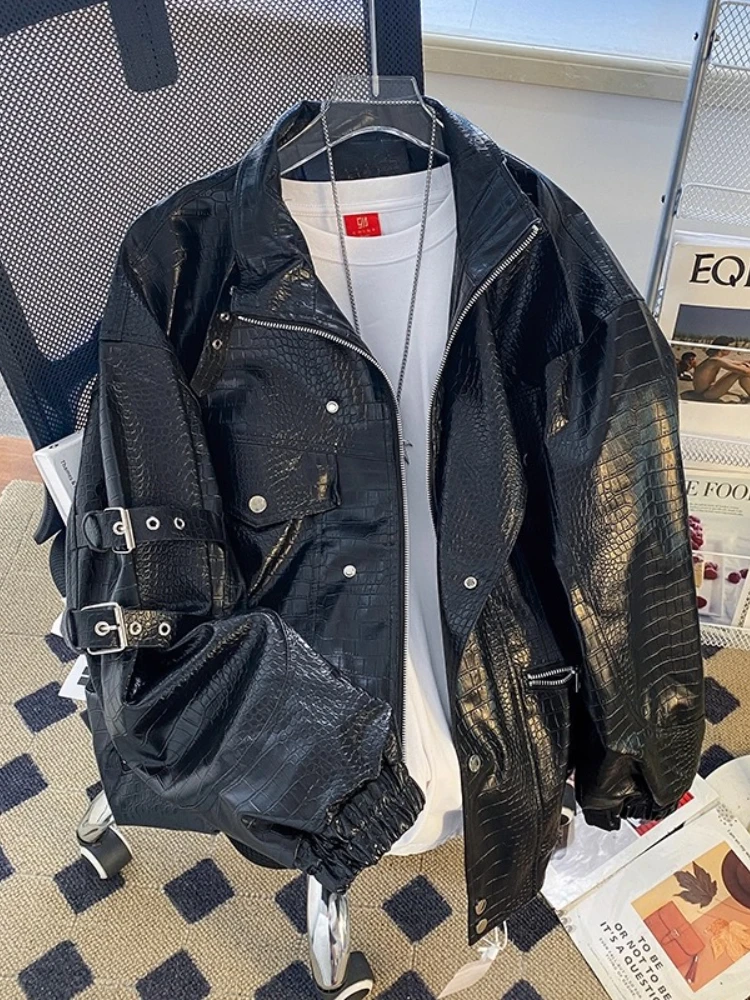 Vintage Crocodile Embossed Faux Leather Jacket Men Stand Collar Biker Hip-Hop Jacket with Arm Straps Spring Fall Utility Coat