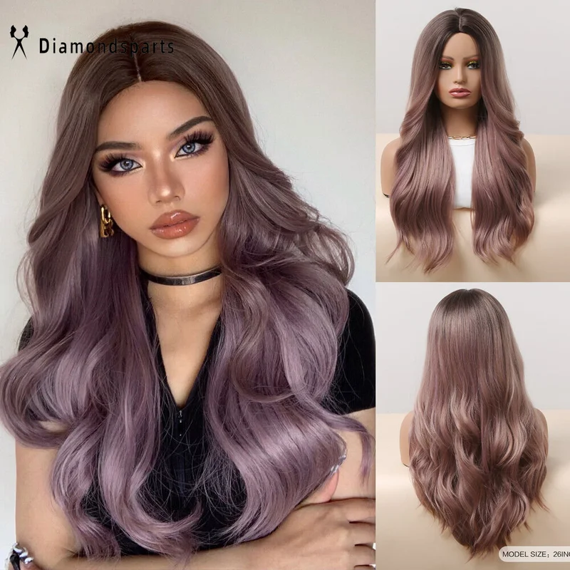 

26-дюймовые длинные амбрерованные пепельно-фиолетовые синтетические объемные парики для женщин на каждый день