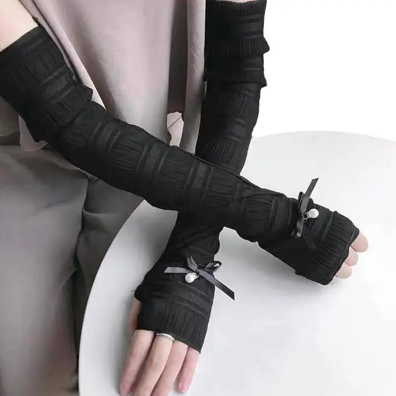 39BD Wedding Bride Gloves Summer Driving Lace Sleeve Cover with Pearl Decor Dance Photoshoot Gloves Skin-friendly Mitten