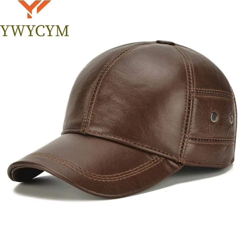 2025 New Style Men Cowhide Hat Winter Warm Outdoor Protect Ear Real Leather Adjustable Baseball Cap Men Real Cowhide Leather Cap