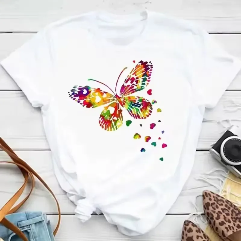 Colorful Butterfly Petal Print Short Sleeve and Round Neck Cute Graphic Tee Shirts Female Tops Clothing Fashion Women T-shirt image 4