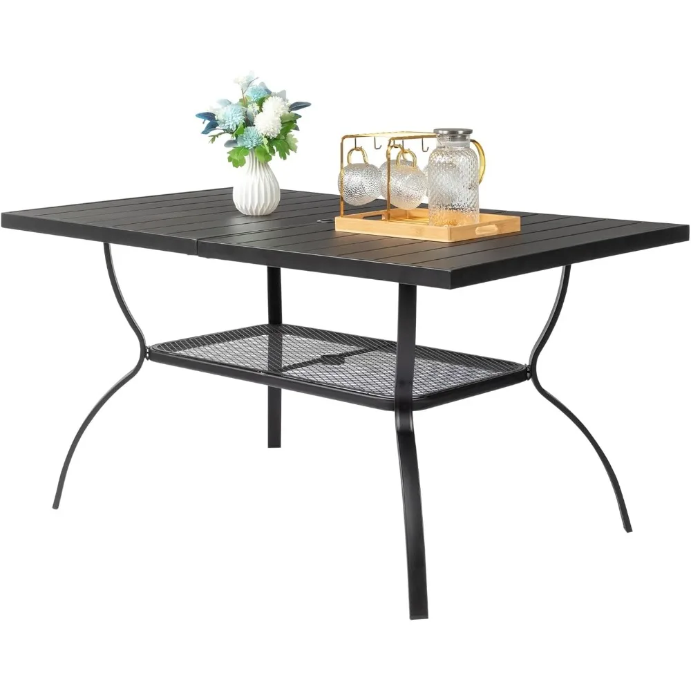 

Outdoor Patio Table for 6 Person, Black Rectangular Metal Frame Patio Classic Dining Table with 1.65" Adjustable Umbrella Hole