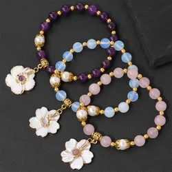 Natural Shell Flower Pendant Charm Bracelet Pearl Amethysts Rose Quartzs Opal Beaded Elastic Bracelets For Women Men Jewelry