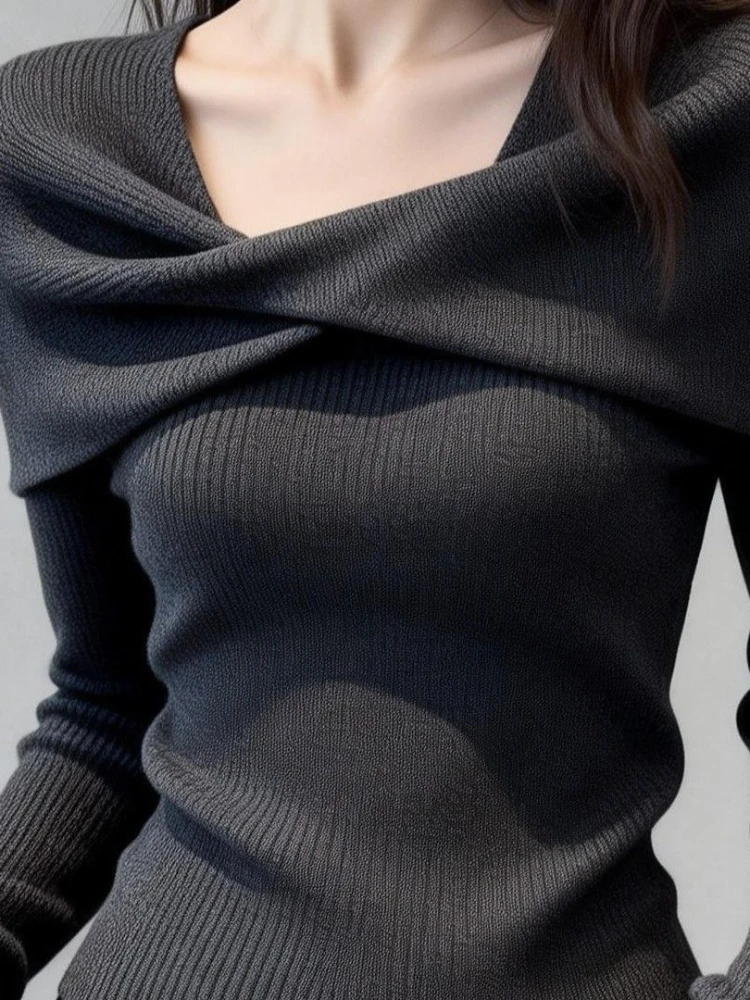 Autumn Winter Women's Knitted Pullover Fashion V-neck Design Sense Long Sleeve Sweater Elegant Slimming Solid Color Female Top
