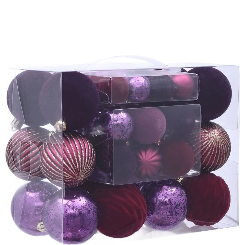 50pcs Purple Flocking Christmas Ornaments For Velvet Texture Xmas Tree Baubles Lightweight Polystyrene Balls For Holiday Party