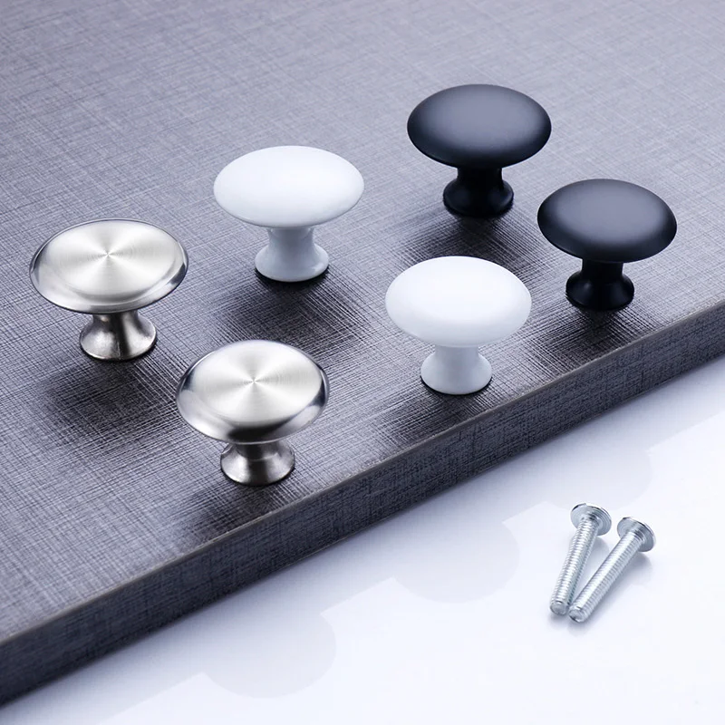 4PCS European Mushroom Porcelain White Black Single Hole Handle Modern Simple Wardrobe Cabinet Round Stainless Steel Drawer