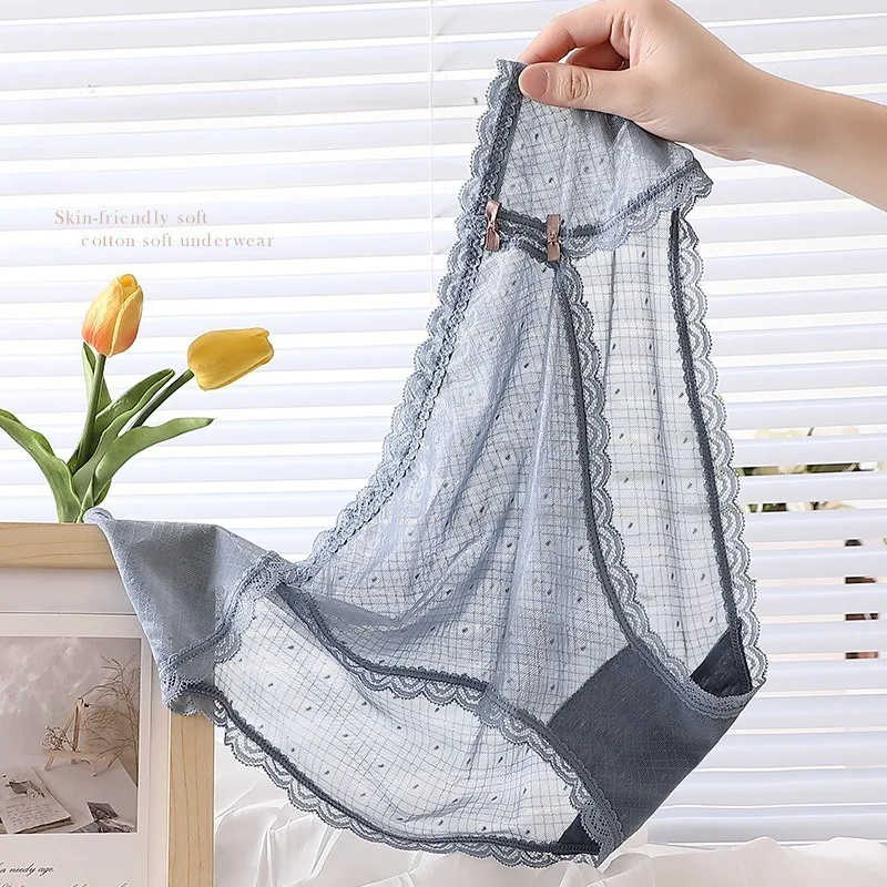 

Sexy Plus Size Chinoiserie Femme Lingerie Mid-Rise Slit Underwear Women Breathable Lace Panties Transparent Cotton Crotch Briefs