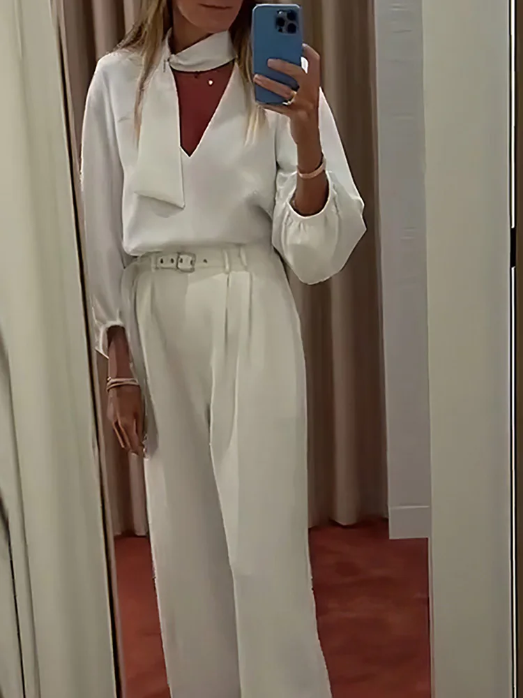 Drauuing V Neck Blouse And Pants White Outfits Female Wide Leg Pants Loose Two Piece Sets Women Pants Street Wear Matching Suit