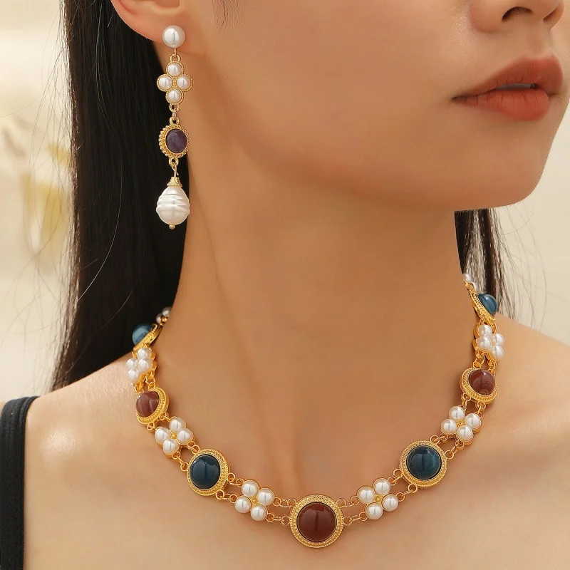 

Ancient Necklace Earrings With Geometric Artificial Pearls Double Layer Collar Chain Fashionable And Unique Jewelry Accessory