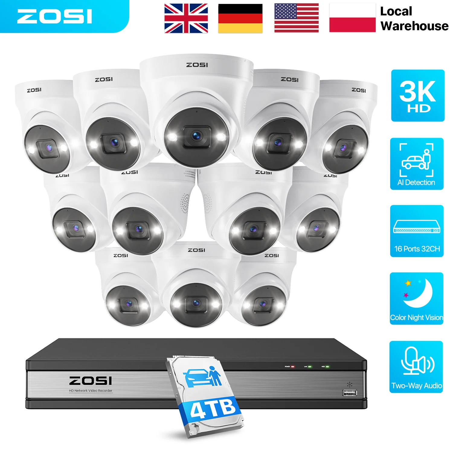 ZOSI 16-Kanal 4K PoE Sicherheitskamerasystem 5MP Außen- und Innenkameras mit 2-Wege-Audio Farbnachtsicht 16-Kanal 8MP NVR 4TB HDD für Heim und Unternehmen 24/7 Aufzeichnung