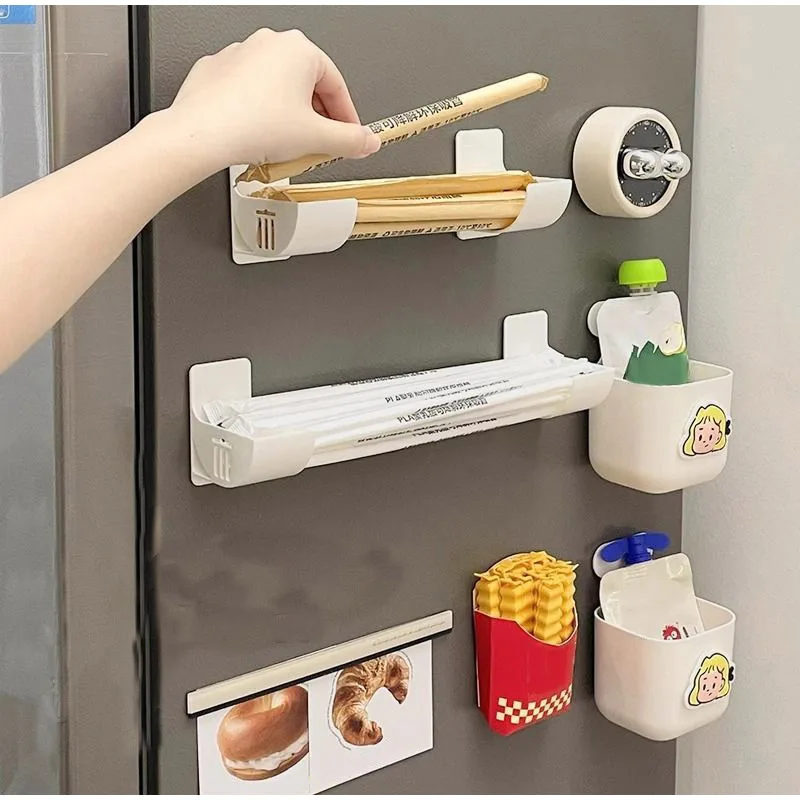 Wall Mounted Organizer No Hole Storage Tray Kitchen Shelf Cling Film Trash Bag Organizer for Cabinet Refrigerator Side Storage