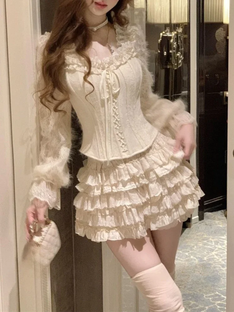 

Elegant Lace 2-Piece Set for Women: Ruffle Blouse & Cake Skirt, Sweet Harajuku Fashion(72 characters)