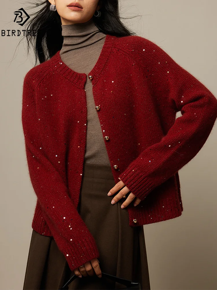 BirdTree, Wool Blended Elegant Fashion Cardigan, Women O-Neck Sequins, Vintage Sweater Jacket, 2024 Autumn Winter New C47011QM