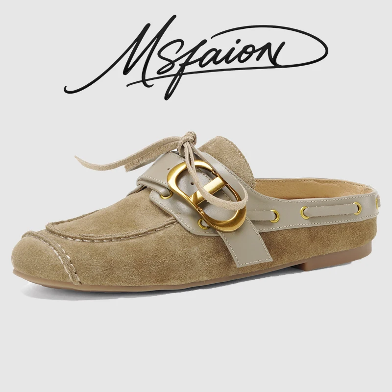 

2026 New Arrival Women's Closed Toe Mules Genuine Leather Upper Washed Cowhide Half Slippers Inner Height Increase Comfortable