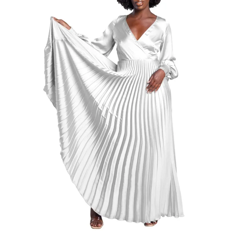 African Party Evening Dresses for Women Spring 2025 Elegant African Long Sleeve V-neck Pleat Maxi Dress Dashiki Africa Clothing