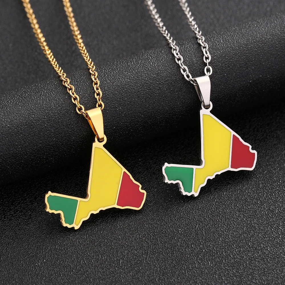 Collar con colgante de bandera del mapa de África Mali, de acero inoxidable, Color dorado/plateado, mapas étnicos africanos para hombres y mujeres, regalo de joyería