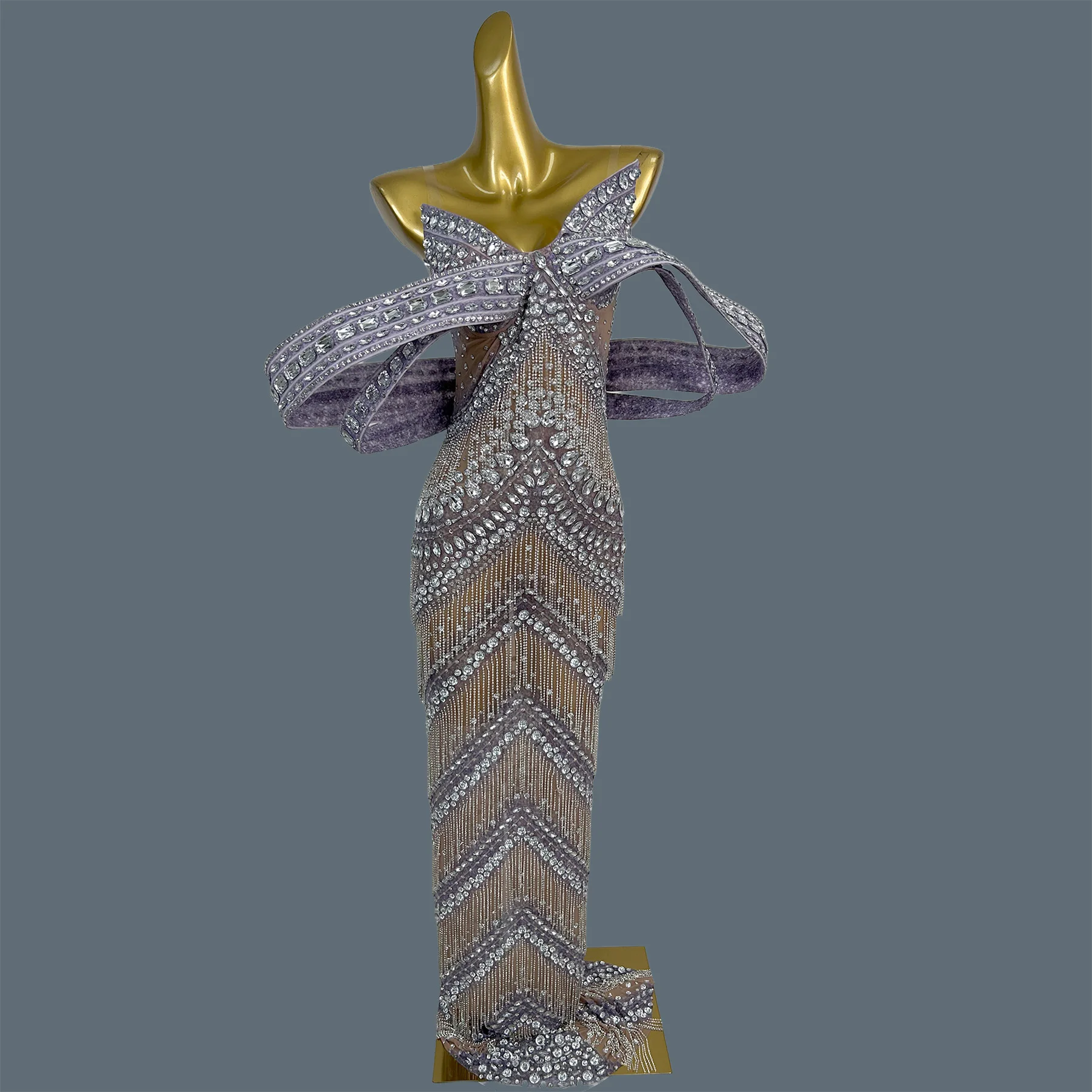 Unique Design Crystals Tassel Long Dress Women Club Celebrate Prom Sexy Evening Gown Gala Sparkly Rhinestone Dress Midiexiang