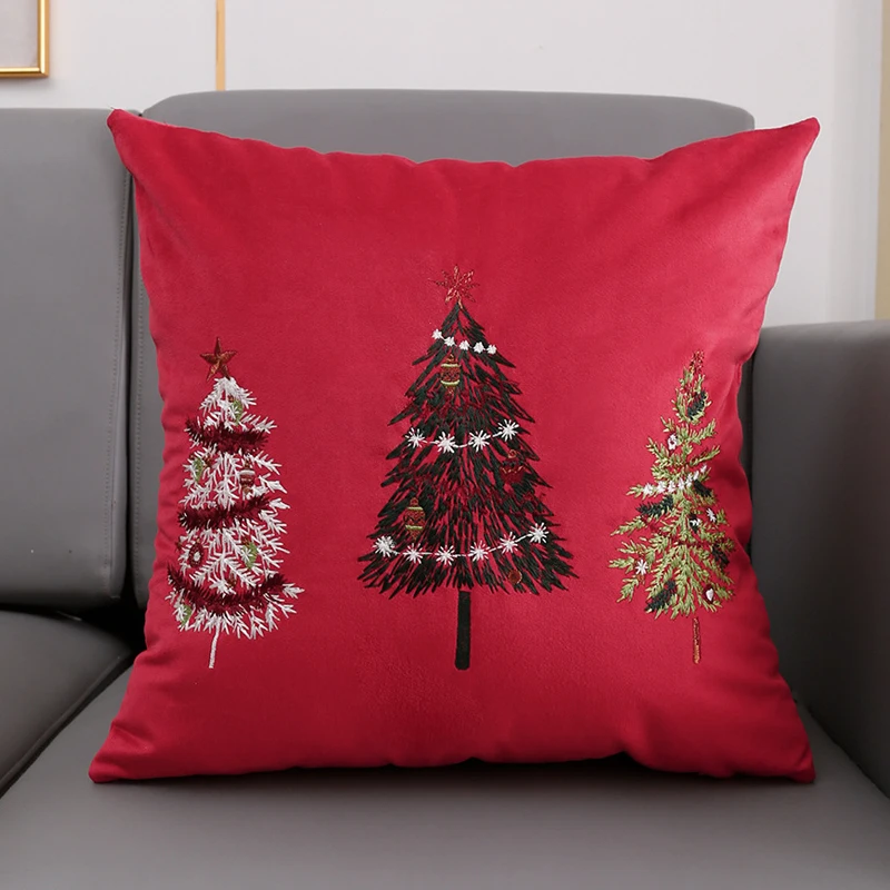 Funda de cojín de decoración navideña, 45x45cm, 30x50cm, árbol de Navidad, copo de nieve, bordado, funda de almohada cuadrada roja y verde