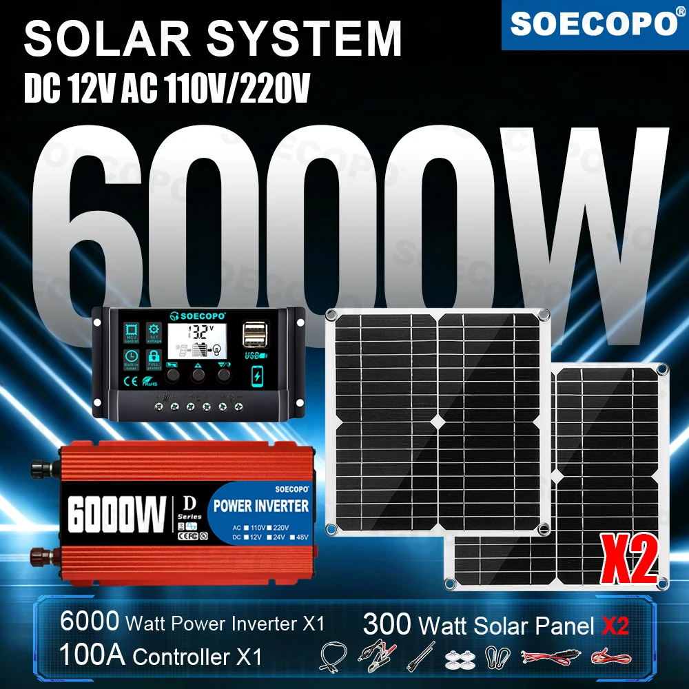 Emergency Use 6000W Peak Solar System Kit 12V To 110V 220V Inverter 2x300W Panel 100A Controller Power Bank for Picnic Party car