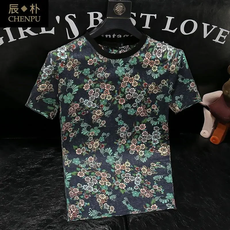 

LIBIELIY 2025 New Summer Korean Style Men Printed Short-sleeved T-shirts Trendy Colors Fashionable Slim Round Neck Thin Half-sle
