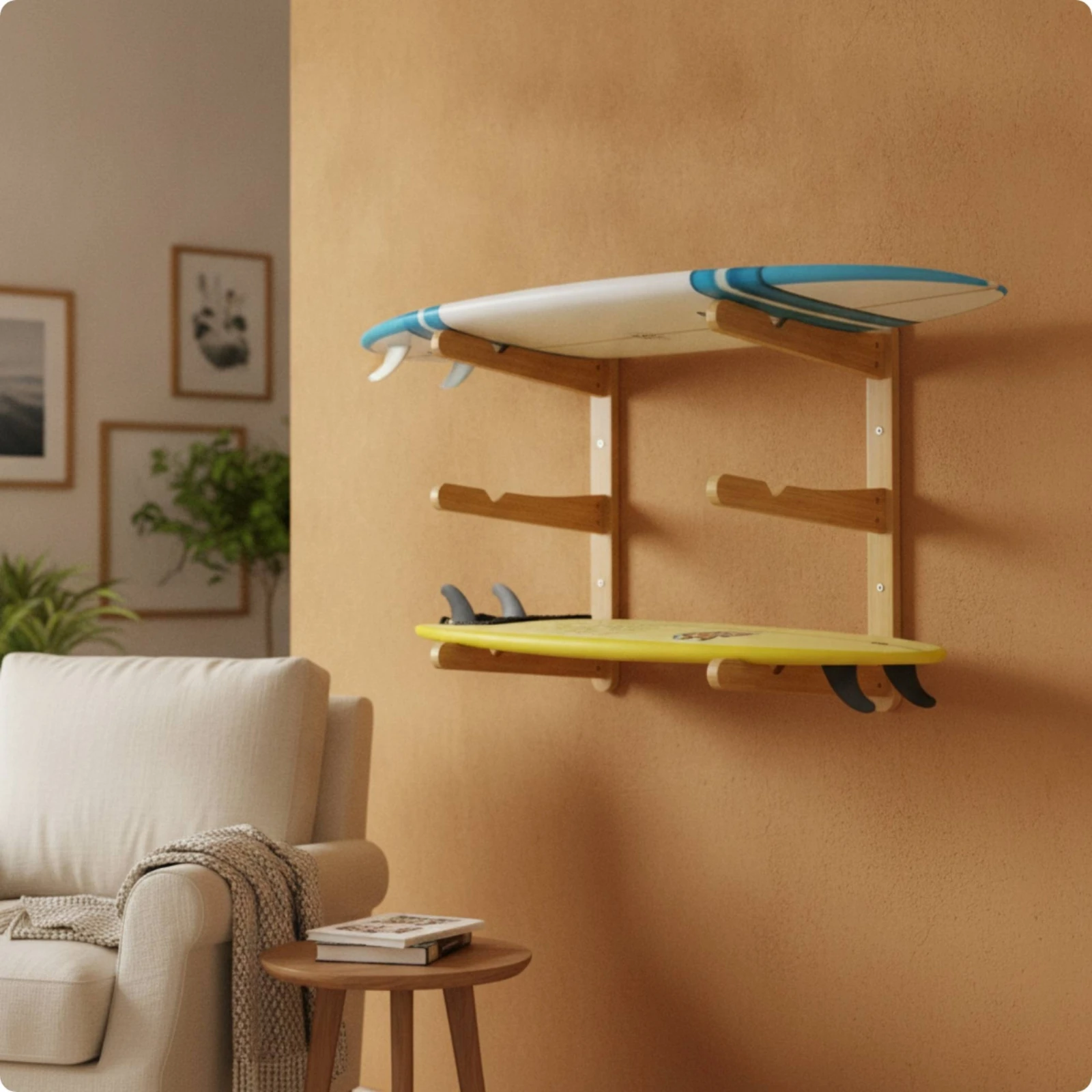 Surfboard Rack Wooden Surfboard Wall Mount Board Rack Vertical Space-Saving for Surfers, Garage, Living Room